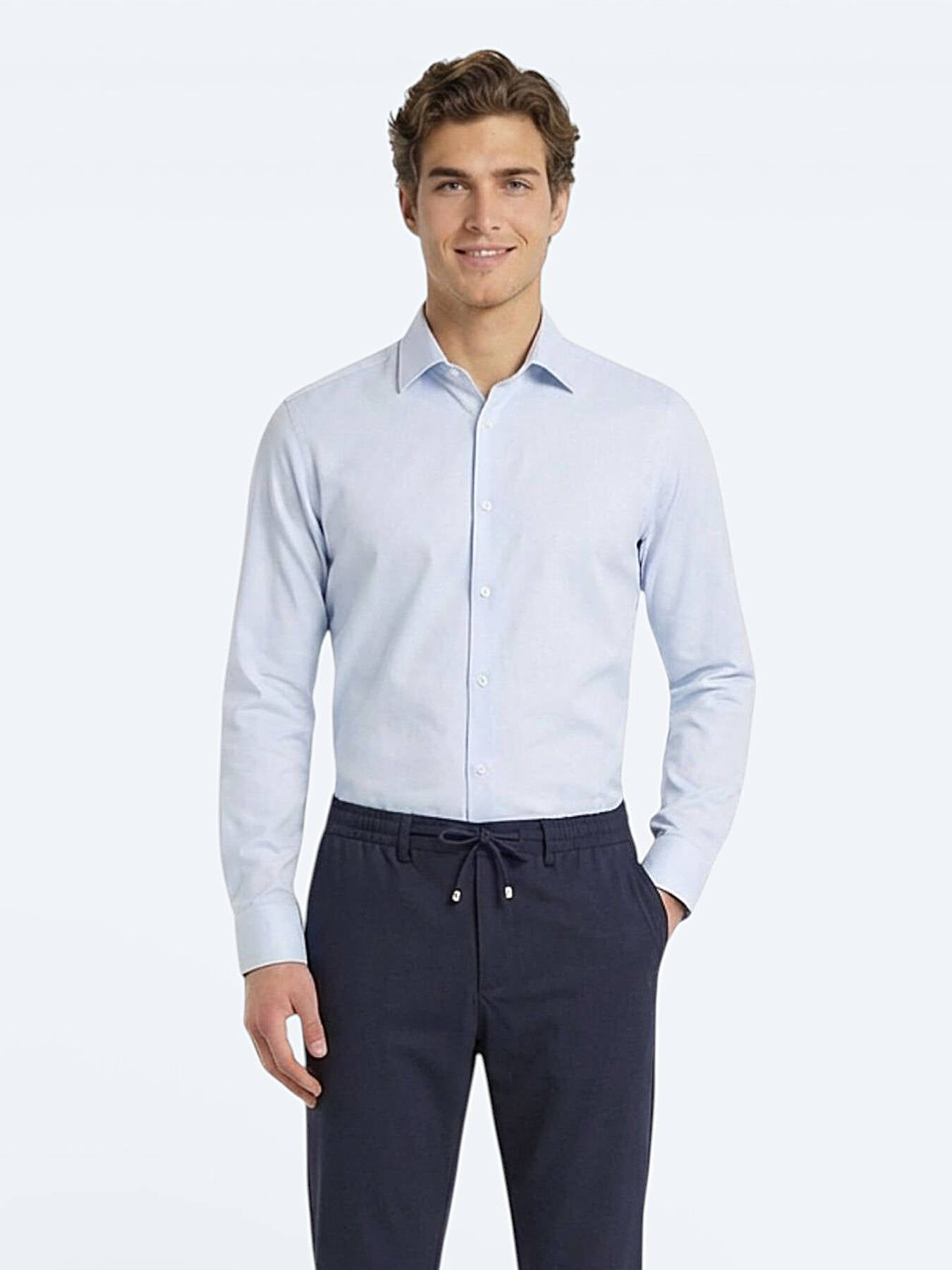 Açık Mavi Düz Slim Fit Uzun Dokuma Klasik Pamuk Karışımlı Gömlek