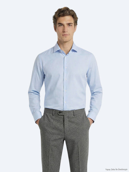 Açık Mavi Düz Slim Fit Uzun Dokuma Klasik Pamuk Karışımlı Gömlek