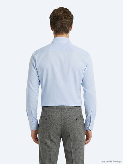 Açık Mavi Düz Slim Fit Uzun Dokuma Klasik Pamuk Karışımlı Gömlek