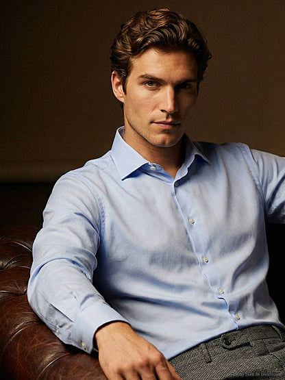 Açık Mavi Düz Slim Fit Uzun Dokuma Klasik Pamuk Karışımlı Gömlek