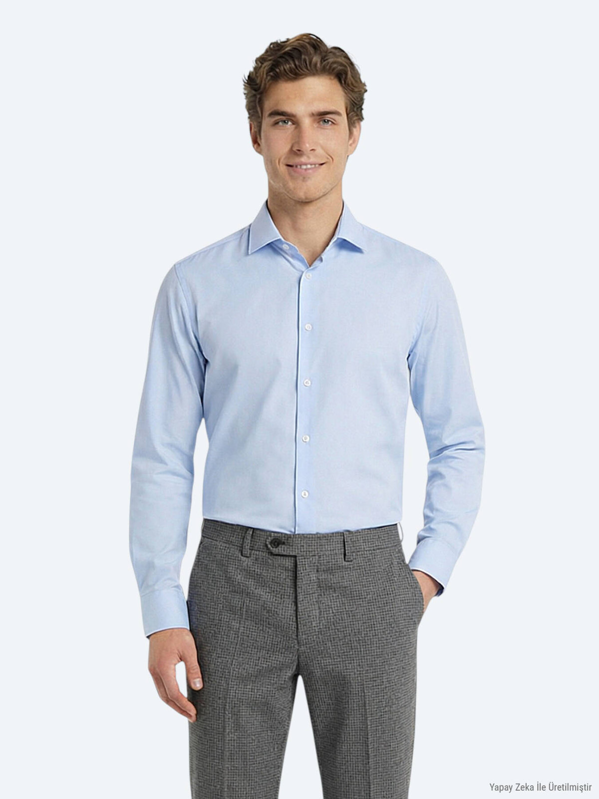 Açık Mavi Düz Slim Fit Uzun Dokuma Klasik Pamuk Karışımlı Gömlek