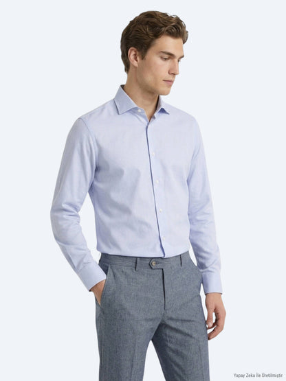 Açık Mavi Mikro Regular Fit Uzun Dokuma Casual %100 Pamuk Gömlek