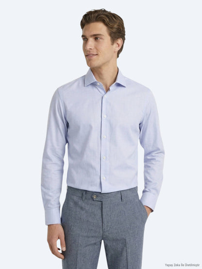 Açık Mavi Mikro Regular Fit Uzun Dokuma Casual %100 Pamuk Gömlek