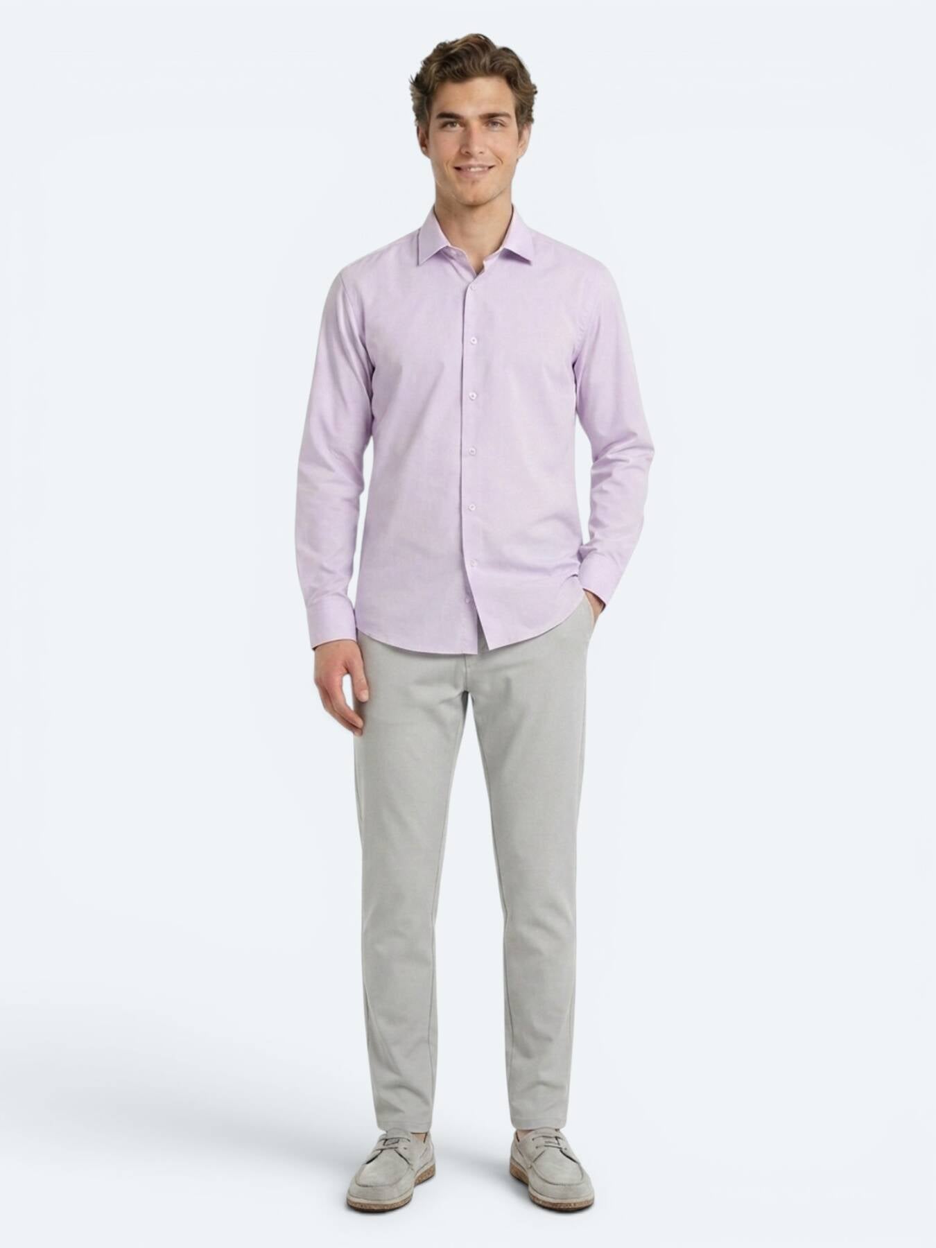 Açık Pembe Regular Fit Uzun Dokuma Casual Pamuk Karışımlı Gömlek