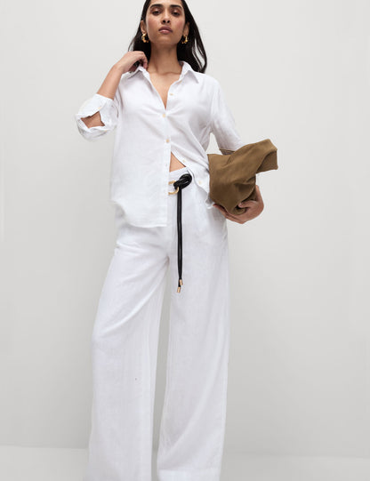 Saf Keten Wide Leg Pantolon