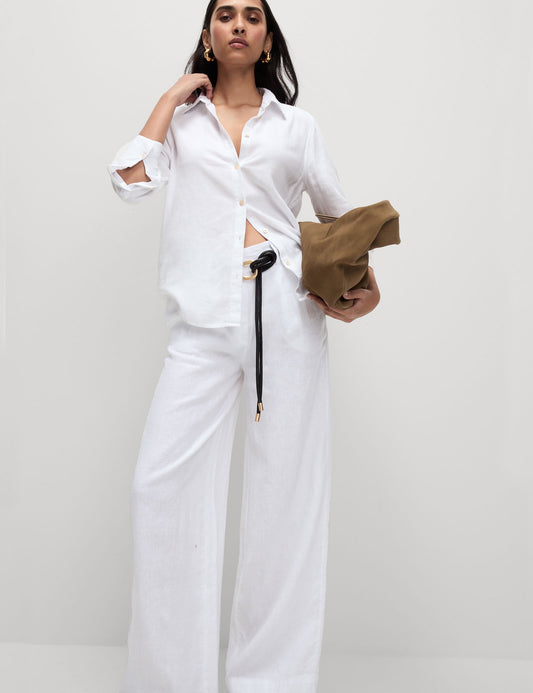 Saf Keten Wide Leg Pantolon