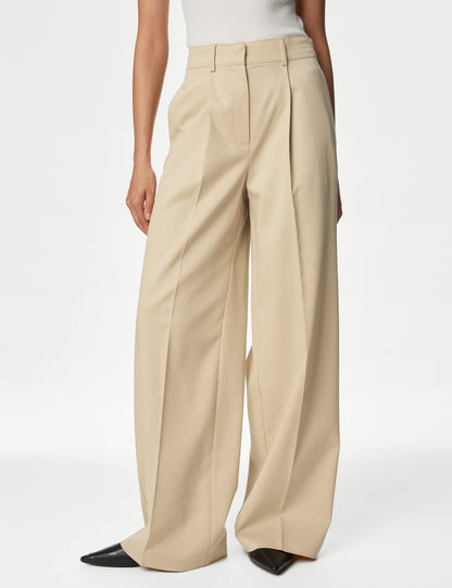 Pile Detaylı Yüksek Bel Wide Leg Pantolon