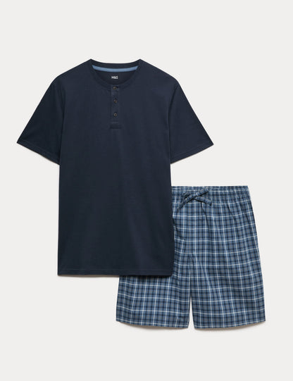 Saf Pamuklu Henley Yaka Ekose Pijama Takımı