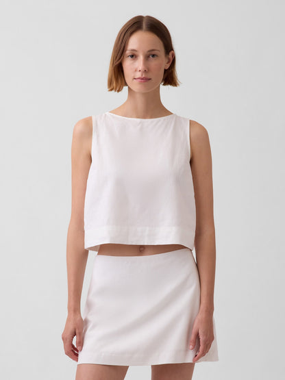 Beyaz Linen Karışımı Crop Shell Kolsuz Bluz