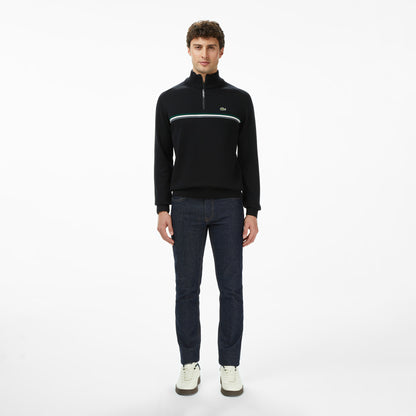 Lacoste Erkek Classic Fit Yarım Fermuarlı Çizgili Siyah Kazak