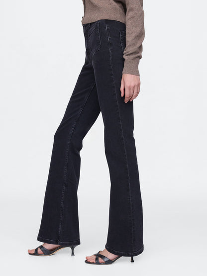Siyah High Rise '70s Flare Jean Pantolon