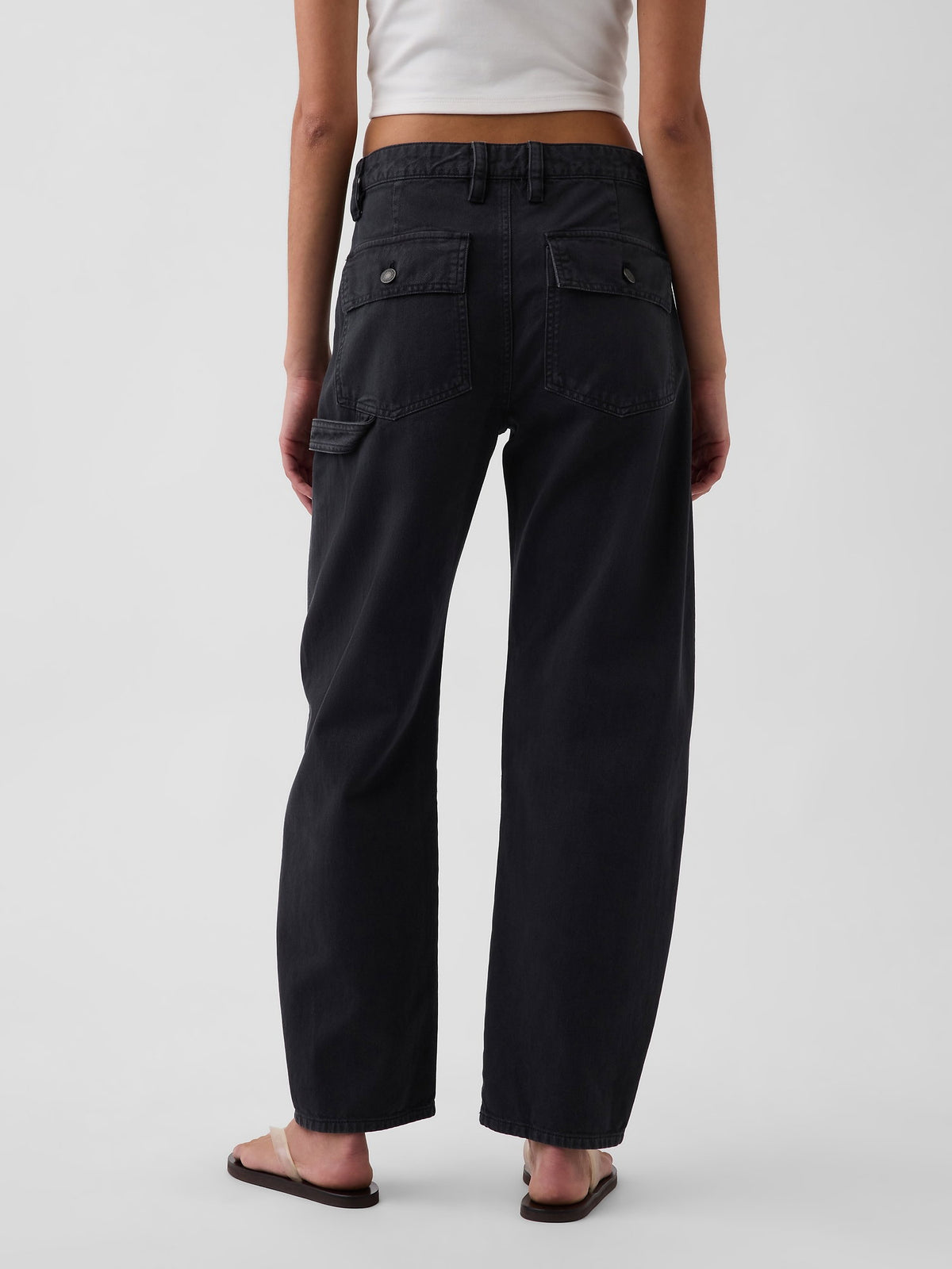 Siyah Mid Rise Barrel Utility Ankle Pantolon