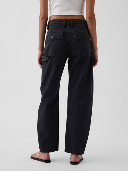 Siyah Mid Rise Barrel Utility Ankle Pantolon