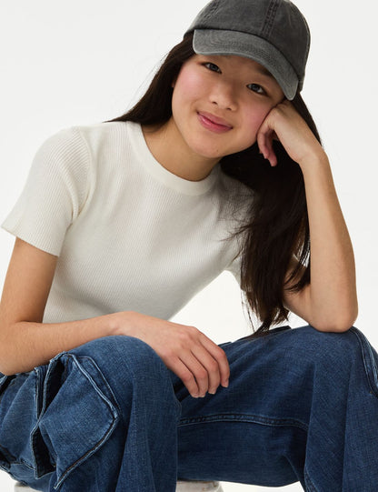 Fitil Detaylı Kısa Kollu Örme T-shirt (6-16 Yaş)
