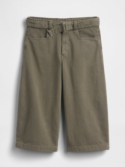 Haki Mid Rise Kemerli Culotte Barrel Pantolon