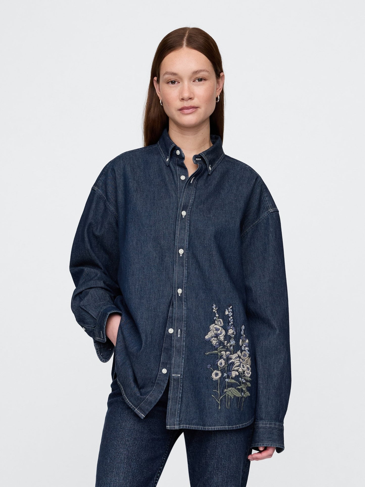 Lacivert Işlemeli Denim Big Gömlek