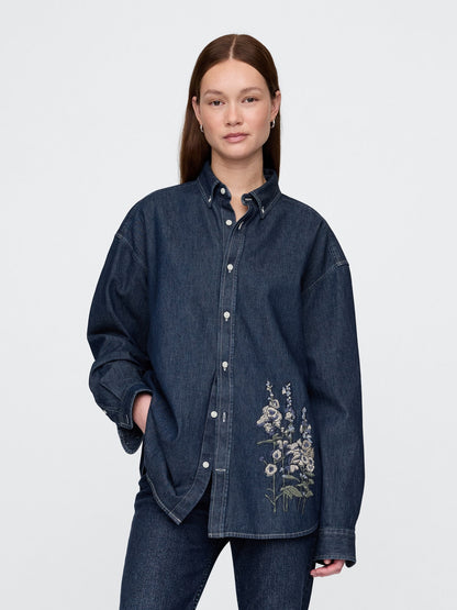 Lacivert Işlemeli Denim Big Gömlek