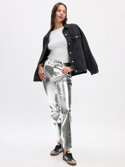 Gri High Rise Vintage Slim Vegan Suni Deri Pantolon