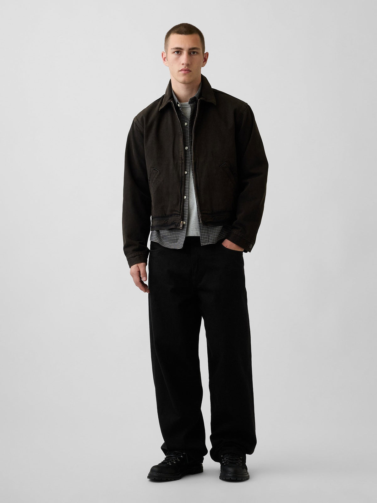 Gri Relaxed Crop Straight-hem Oxford Gömlek