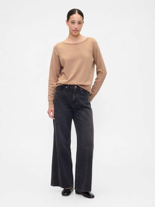 Açık Kahverengi Relaxed Boatneck Kazak