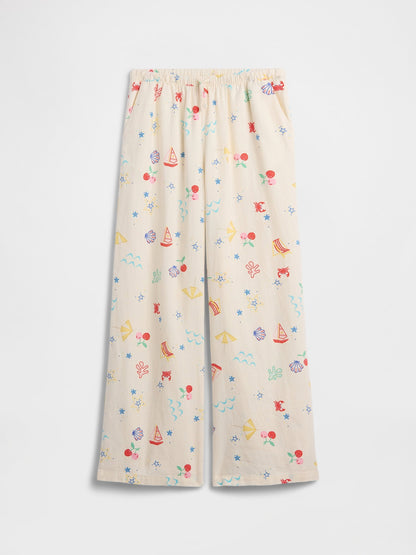 Bej Pull-on Wide-leg Keten Karışımlı Pantolon