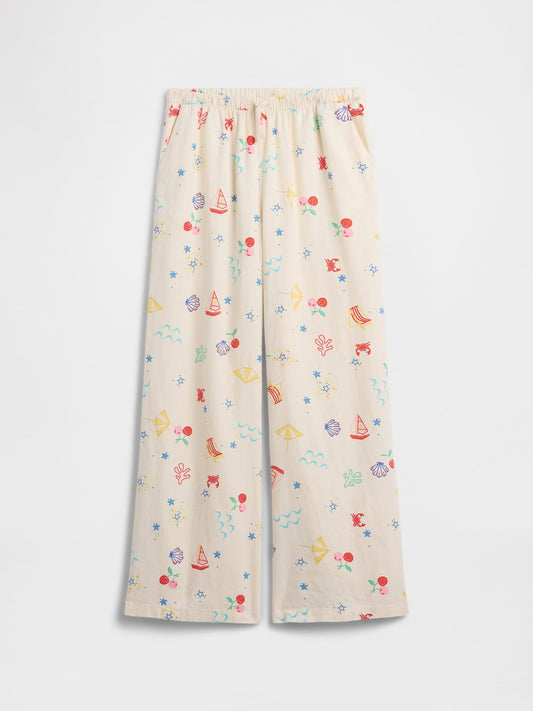 Bej Pull-on Wide-leg Keten Karışımlı Pantolon