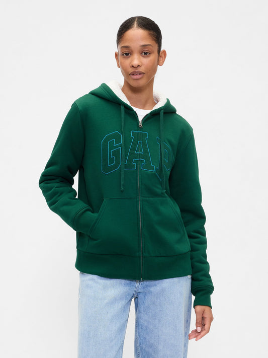 Koyu Yeşil Relaxed Gap Logo Sherpa-astarlı Fermuarlı Sweatshirt