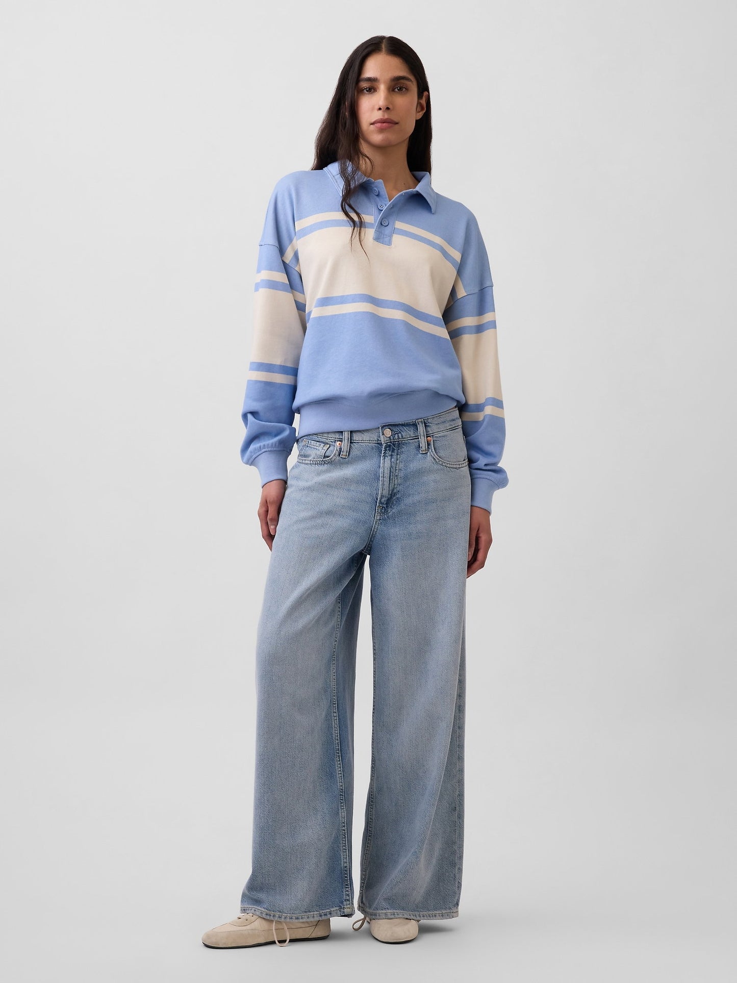 Açık Mavi Fransız Havlu Kumaş Oversized Polo Sweatshirt