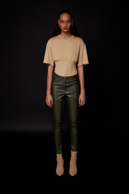 Fermuar Detaylı Bej Crop T-shirt