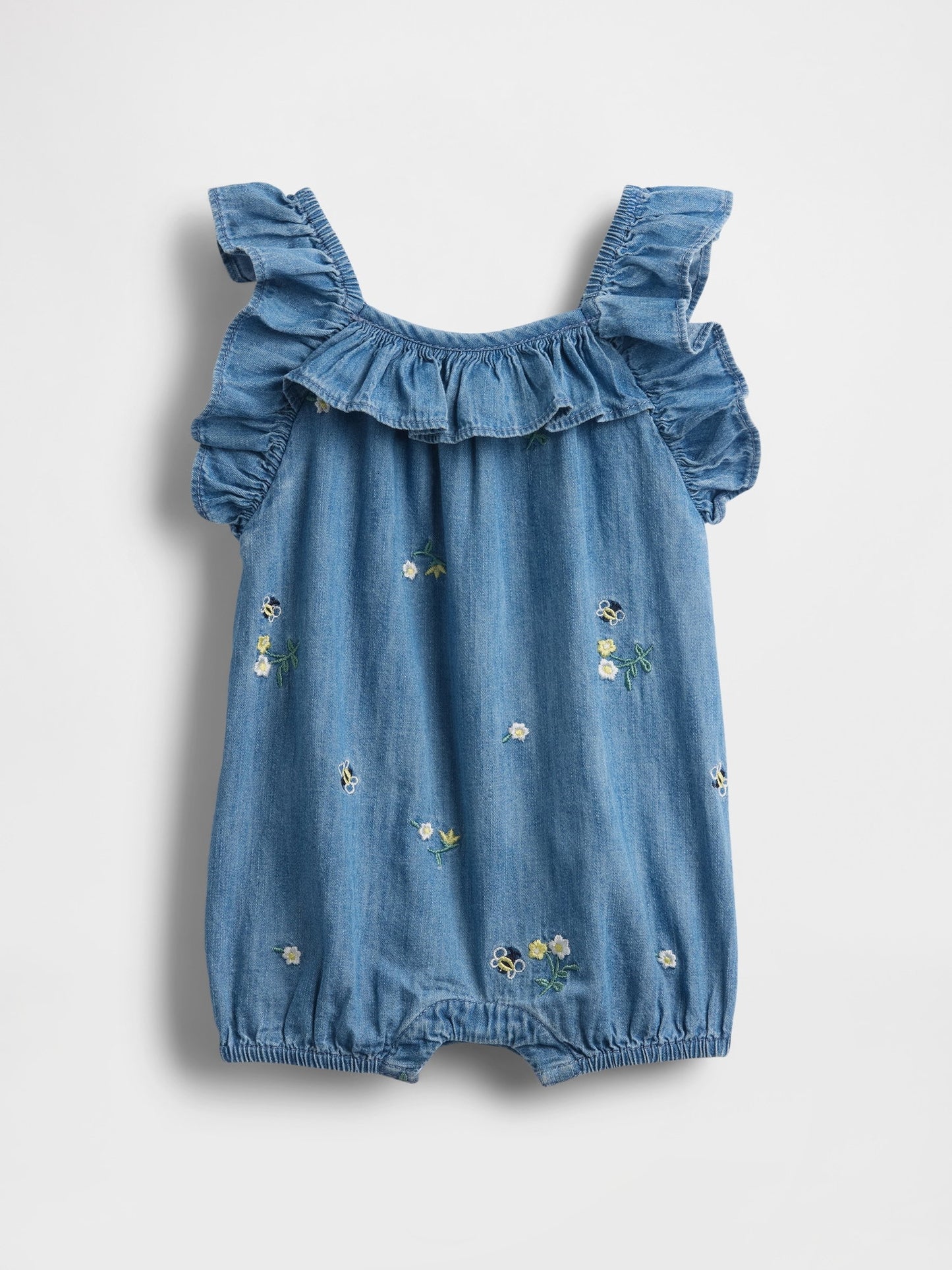 Mavi Denim Ruffle Kısa Tulum
