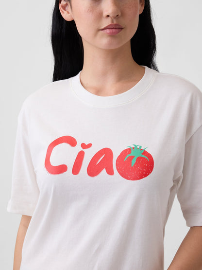 Kırık Beyaz Boxy Grafik Baskılı T-shirt