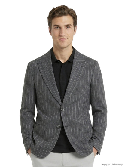 Antrasit Modern Fit Keten Karışımlı Ceket