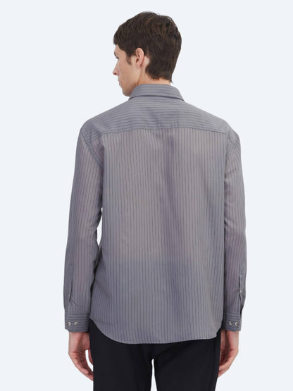 Antrasit Çizgili Oversize Fit Uzun Dokuma Casual Gömlek