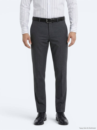 Antrasit Dokuma Slim Fit Klasik Yün Karışımlı Pantolon