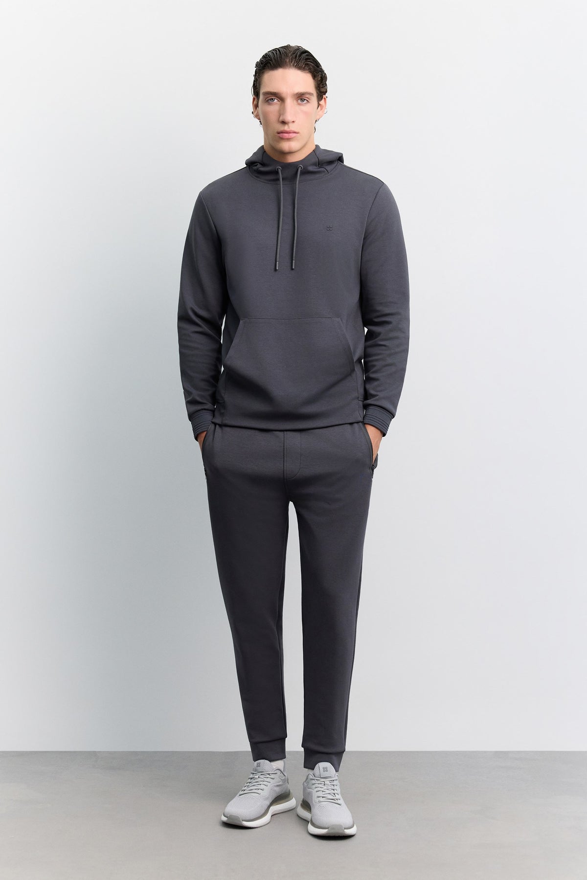 Antrasit Kapüşonlu Kolay Ütülenebilir Interlok Sweatshirt