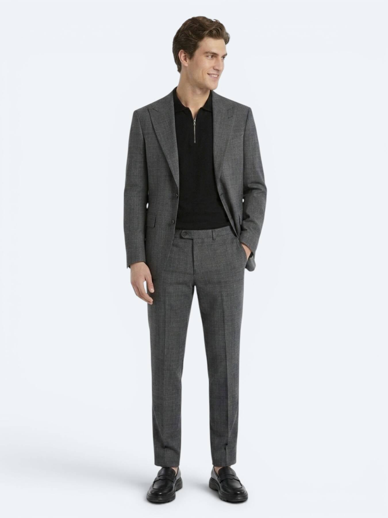 Antrasit Kareli Modern Fit Yün Karışımlı Takım Elbise
