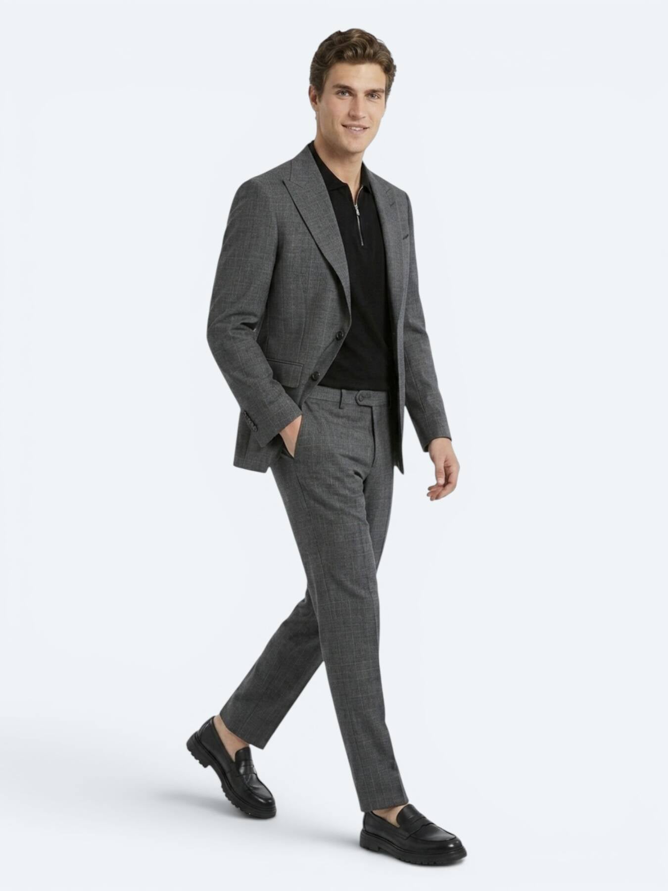 Antrasit Kareli Modern Fit Yün Karışımlı Takım Elbise