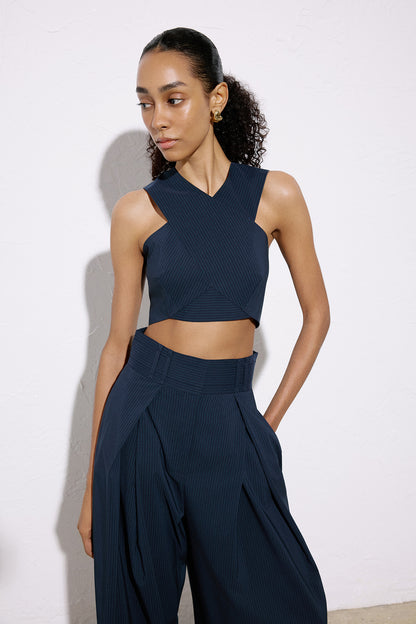 Asimetrik Detaylı Çizgili Crop Lacivert Büstiyer