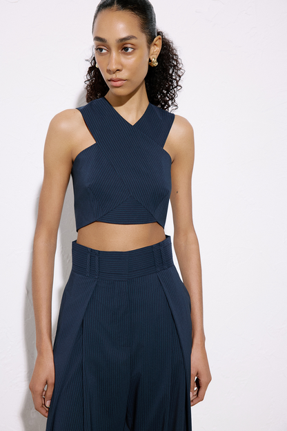 Asimetrik Detaylı Çizgili Crop Lacivert Büstiyer