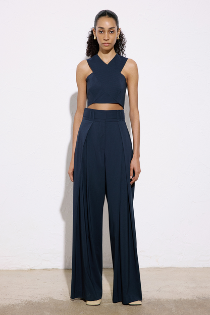 Asimetrik Detaylı Çizgili Crop Lacivert Büstiyer