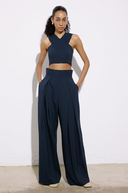 Asimetrik Detaylı Çizgili Crop Lacivert Büstiyer