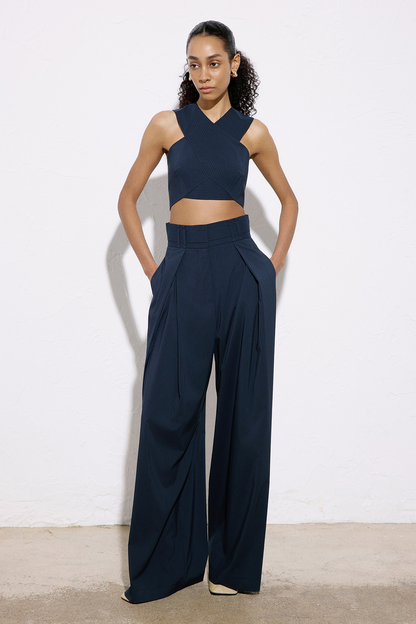 Asimetrik Detaylı Çizgili Crop Lacivert Büstiyer