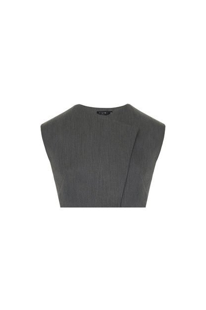 Asimetrik Yaka Kolsuz Gri Crop Bluz