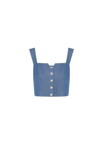 Askılı Denim Efektli Indigo Büstiyer