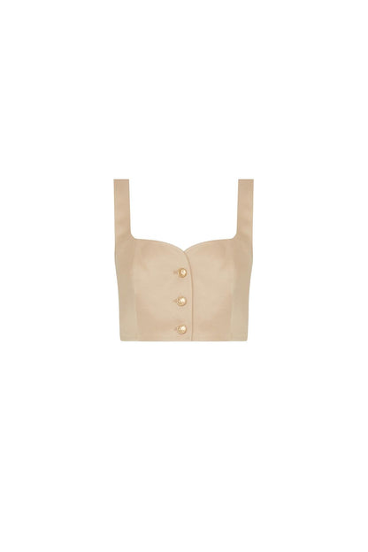 Askılı Gold Düğme Detaylı Bej Crop Top