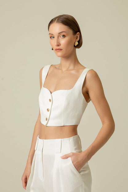 Askılı Gold Düğme Detaylı Ekru Crop Top