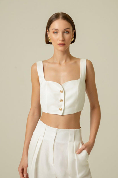 Askılı Gold Düğme Detaylı Ekru Crop Top