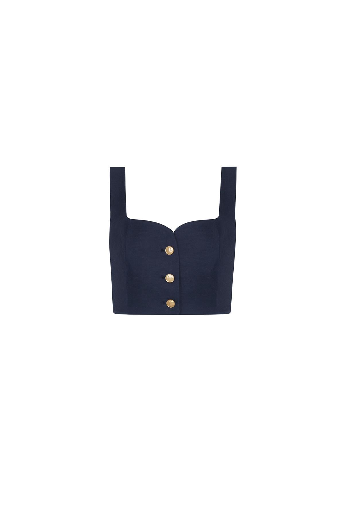Askılı Gold Düğme Detaylı Lacivert Crop Top