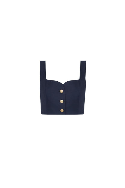 Askılı Gold Düğme Detaylı Lacivert Crop Top