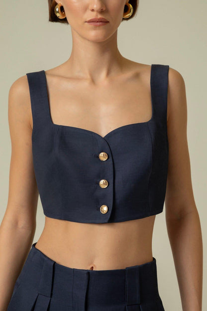 Askılı Gold Düğme Detaylı Lacivert Crop Top